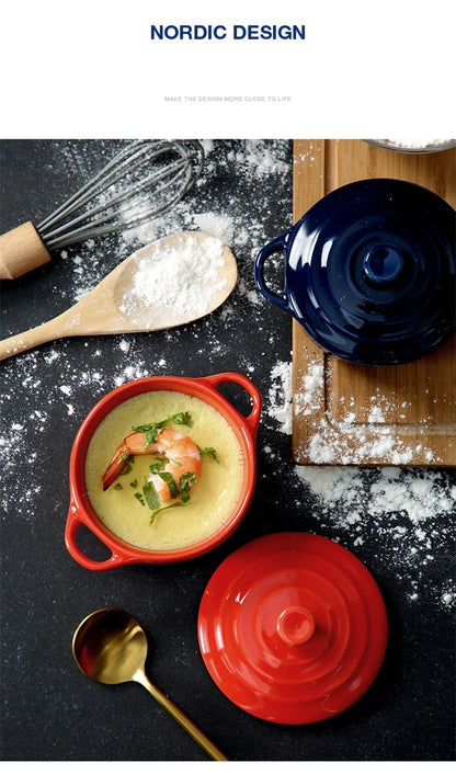 Ceramic Double Ear Bowl with Lid — Glazed Baking Bowl for Steamed Eggs, Soup & Pudding