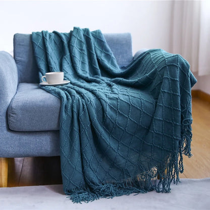 Diamond Knit Throw Blanket with Tassels | Boho Woven Acrylic Blanket