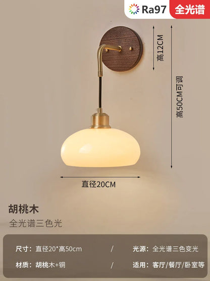 Japanese Retro Copper Wall Lamp — Walnut Wood & Frosted Glass Sconce for Bedroom & Hallway