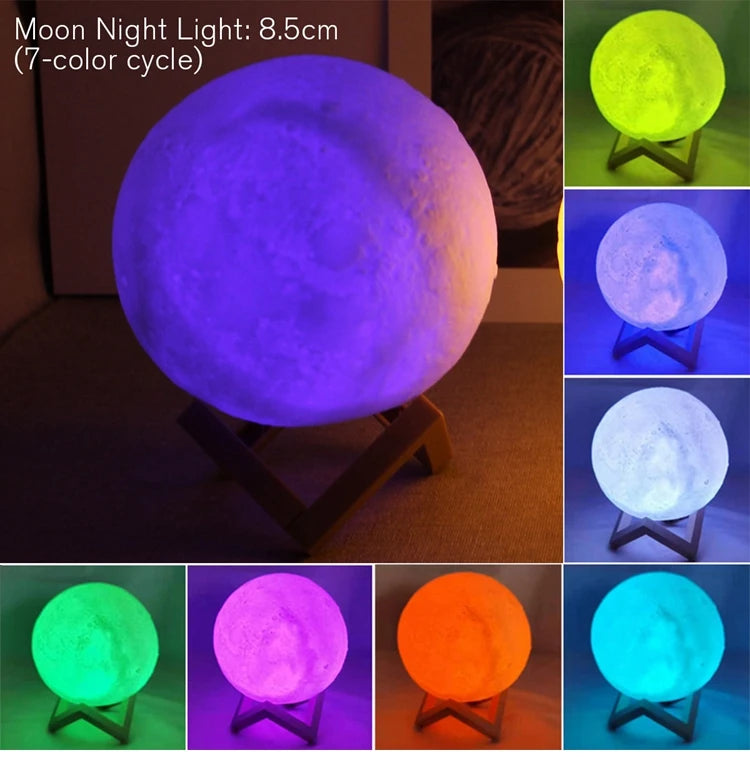 8cm LED Moon Lamp Night Light with Stand — Battery Powered Starry Bedroom Decor in 3 Light Colors