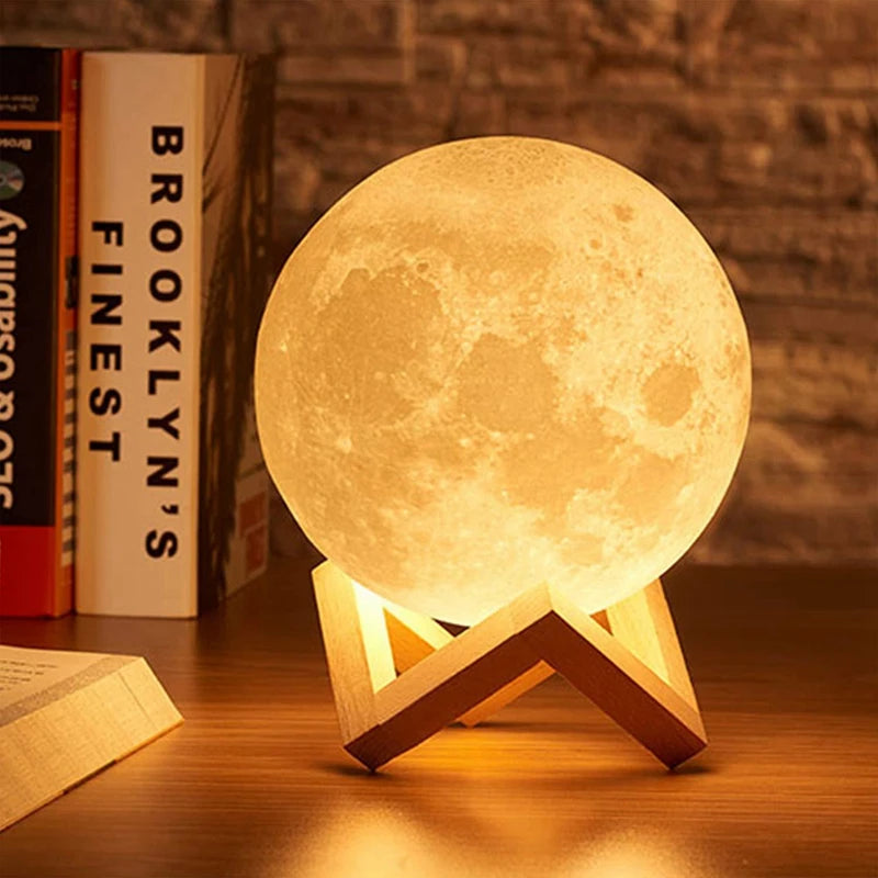 8cm LED Moon Lamp Night Light with Stand — Battery Powered Starry Bedroom Decor in 3 Light Colors