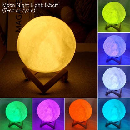 8cm LED Moon Lamp Night Light with Stand — Battery Powered Starry Bedroom Decor in 3 Light Colors