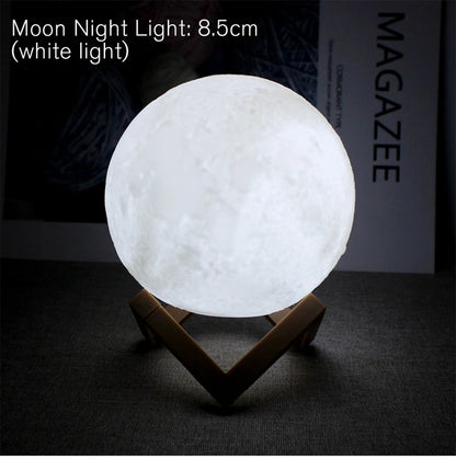 8cm LED Moon Lamp Night Light with Stand — Battery Powered Starry Bedroom Decor in 3 Light Colors