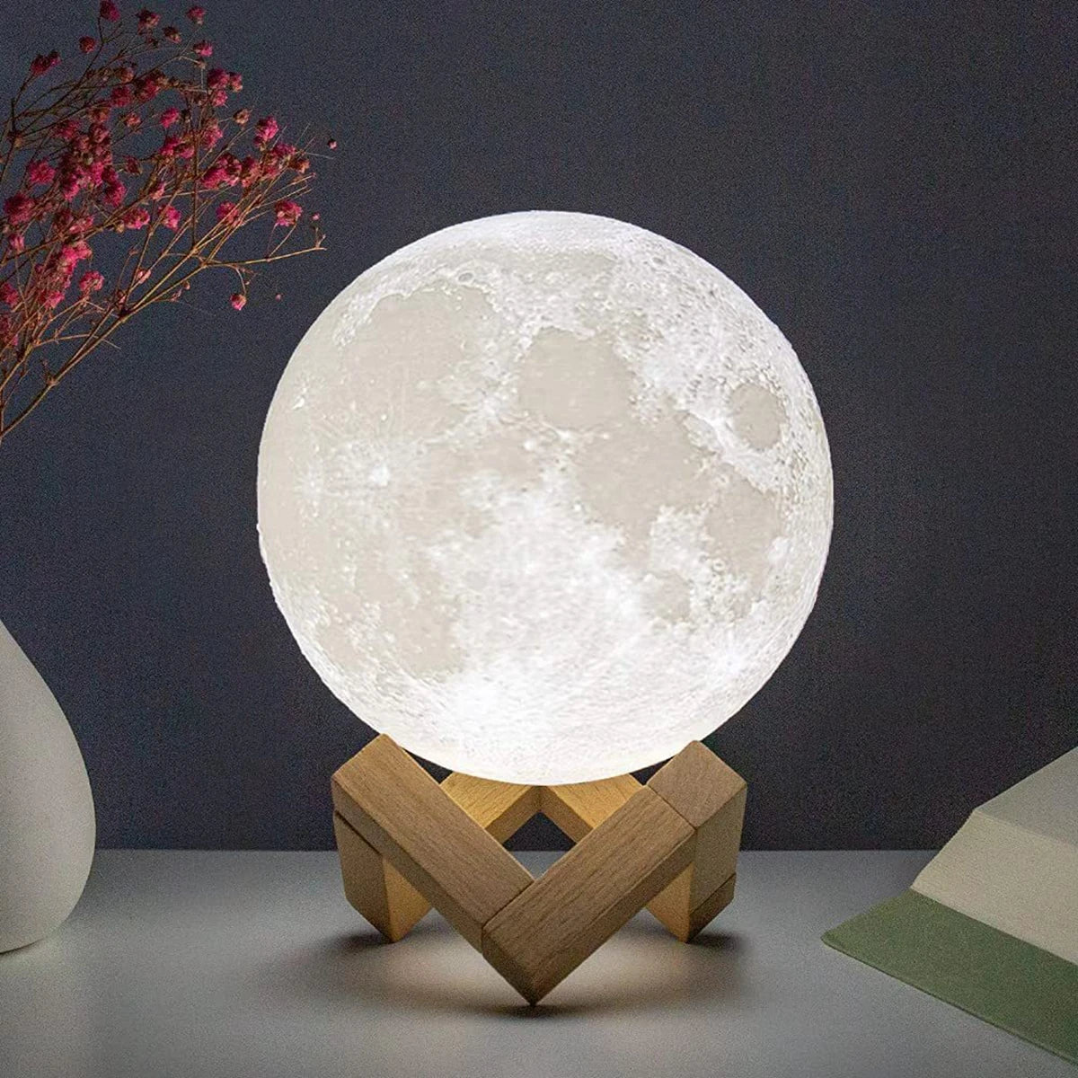 8cm LED Moon Lamp Night Light with Stand — Battery Powered Starry Bedroom Decor in 3 Light Colors