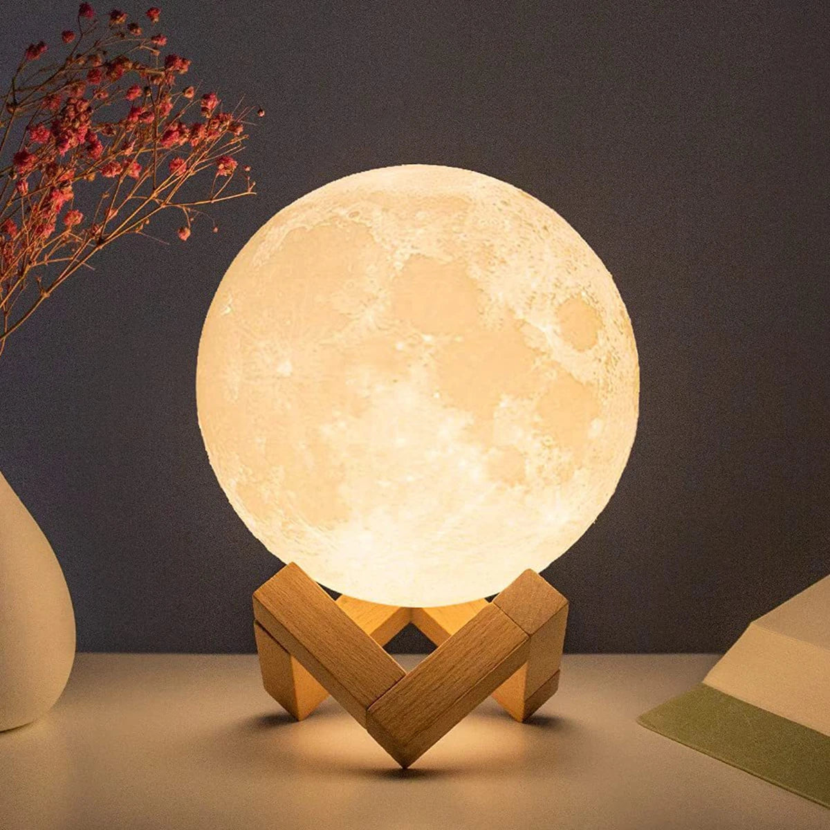 8cm LED Moon Lamp Night Light with Stand — Battery Powered Starry Bedroom Decor in 3 Light Colors