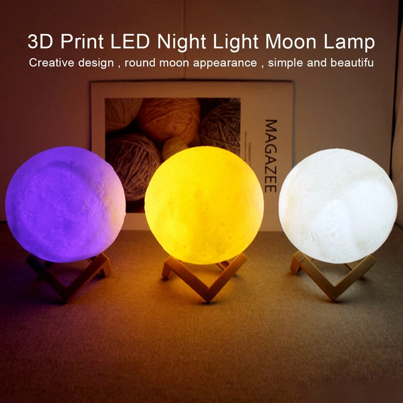 8cm LED Moon Lamp Night Light with Stand — Battery Powered Starry Bedroom Decor in 3 Light Colors