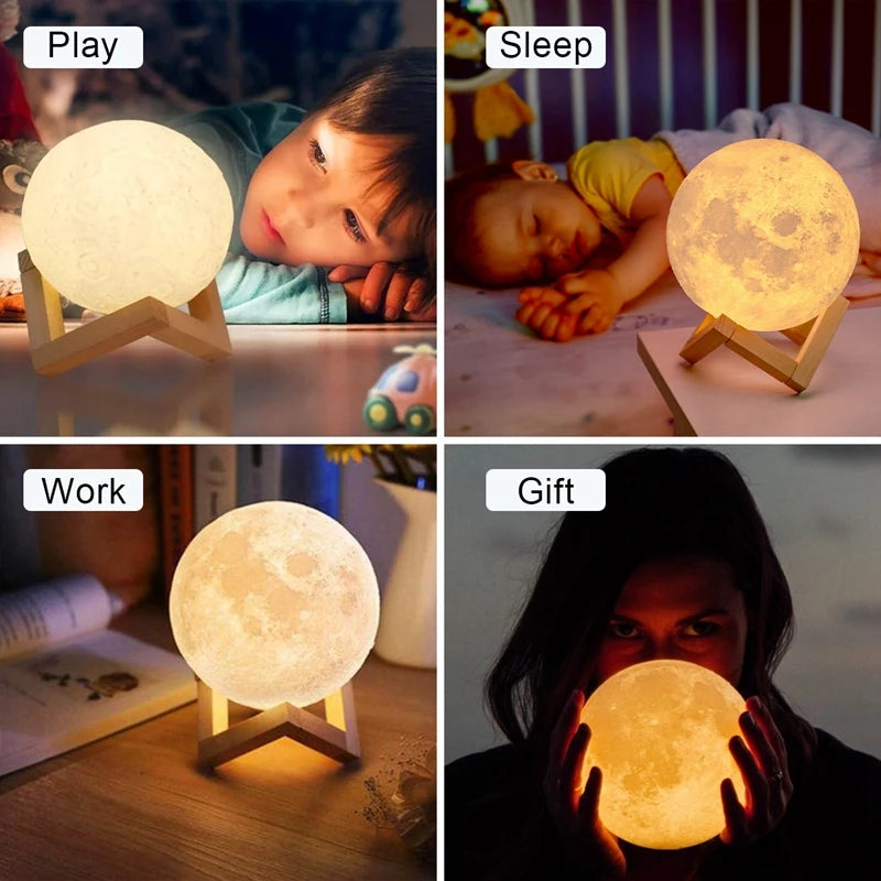 8cm LED Moon Lamp Night Light with Stand — Battery Powered Starry Bedroom Decor in 3 Light Colors